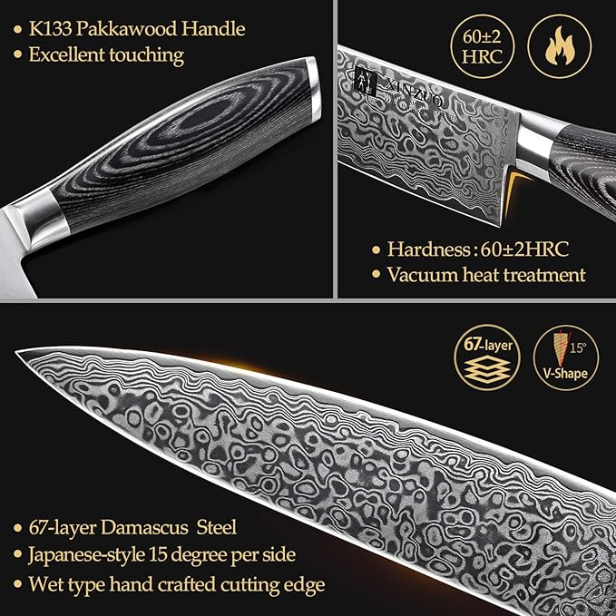 XINZUO Kitchen Knife Block Set,7-Piece Damascus Cooking Knife Set with Kitchen Shears for Professional Chefs and Home Cooking,Pakkawood Handle, Gift Box