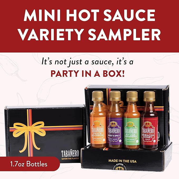 Tabañero Variety Hot Sauce Gift Set, 4 Pack, Kit Includes Peach Bourbon, Sriracha Honey, Key Lime Habanero, Sweet & Spicy, 1.7 oz Mini Glass Bottles, All Natural, Gluten Free, Low Sodium, Vegan, Kosher, Made in the USA