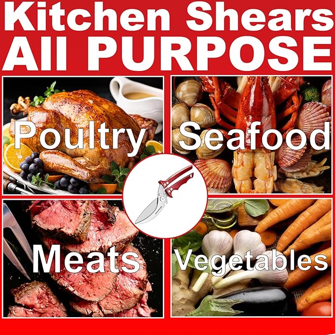 Poultry Shears Heavy Duty,Kitchen Shears for food Heavy Duty,Kitchen Scissors All Purpose,Chicken Shears,Fish,Meat,Easily Separable for Thorough Cleaning,Dishwasher Safe (Red)