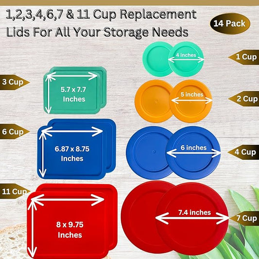 1, 2, 4 & 7 Cup Round & 3, 6, 11 Cup Rectangle Replacement Lids/Covers for Pyrex, Anchor Hocking & KlareWare Storage Bowls *Lids Only -Glass Container Not Included*, 14 Pack *2 of Each Size*