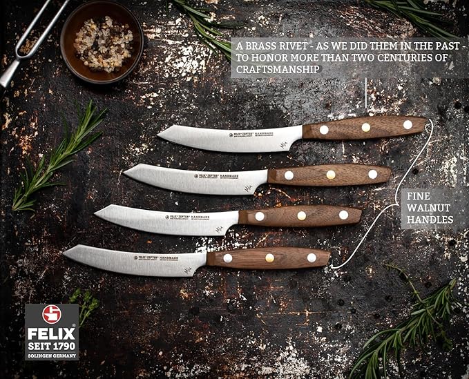 Zepter Felix MIU non serrated steak knives set of 4. High-carbon ice-hardened Solingen steel, professional handmade German cookware. Chef handle, steak knife set without block: 4 filet/dinner knives