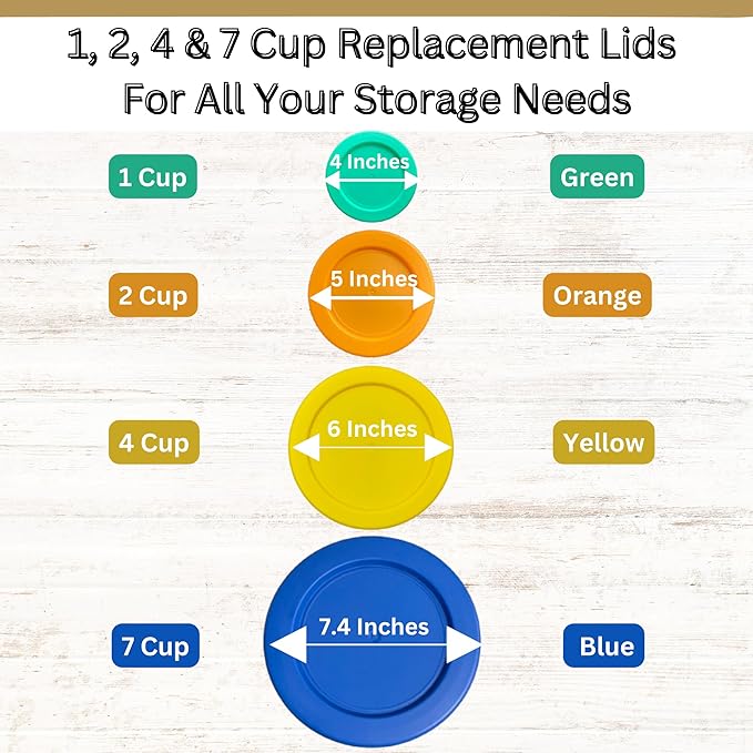 1, 2, 4 & 7 Cup Green, Orange, Yellow, Blue Replacement Lids/Covers for Pyrex, Anchor Hocking & KlareWare Storage Bowls *Lids Only Glass Container Not Included* (4 Pack *One of Each Size*)