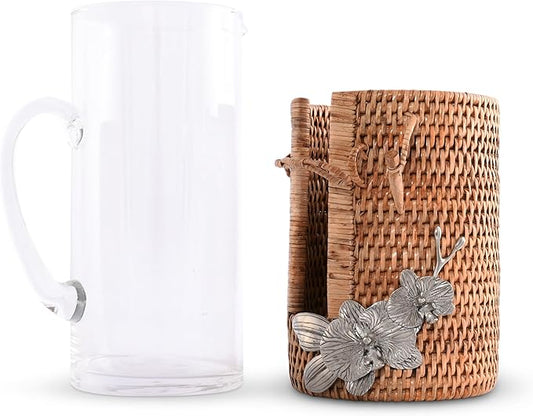 Vagabond House Orchid Adorned Glass Carafe, Lightweight & Durable, Tropical Rattan Wicker Design, Dishwasher Safe, Perfect Table Centerpiece, Ideal Ice Tea Pitcher for Hot or Cold Beverages