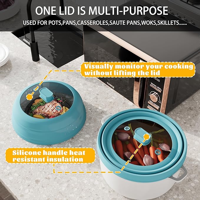 Microwave Splatter Cover, Vented Silicone and Glass Cover Splatter Guard Lid, Food Collapsible Plate Cover Lid with Easy Grip Handle. (Blue, 10.8 inch)