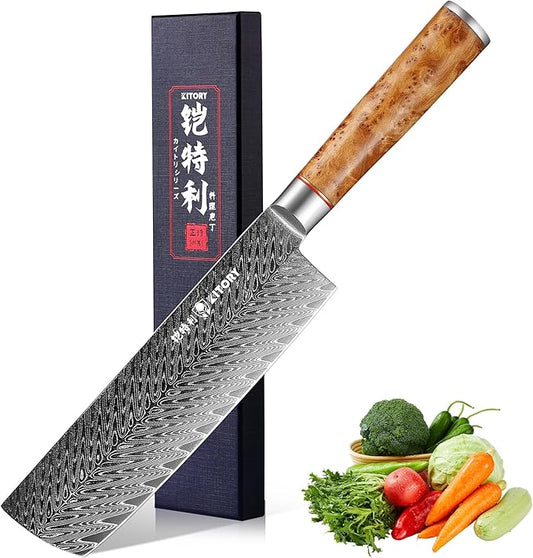 Kitory Damascus Nakiri Knife, 7" Ultra Sharp Kitchen knife - High Carbon 73-Layer 10Cr15CoMoV Stainless Steel - with White Shadow Wood Handle, for Kitchen and Restaurant, 2025 Gift