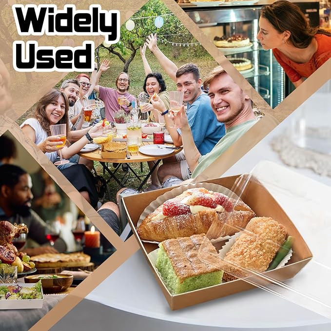 20 Pack Charcuterie Boxes with Clear Lids, 7 Inches Brown Large Square To Go Paper Bakery Dessert Treat Boxes, Disposable Food Containers for Sandwich Cookie Brownie Slice Cake Strawberry Snack