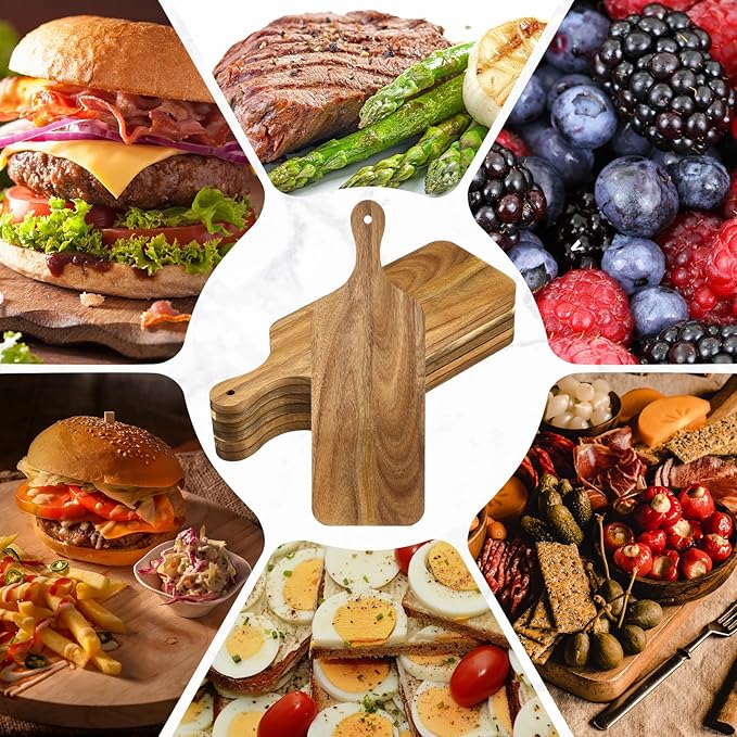 6 Pcs Cutting Board Bulk Kitchen Thicken Chopping Platter with Handles Wooden Charcuterie Serving Trays Blank Wood Boards for Engraving Wedding Housewarming(Acacia Wood,17 x 6 Inch)