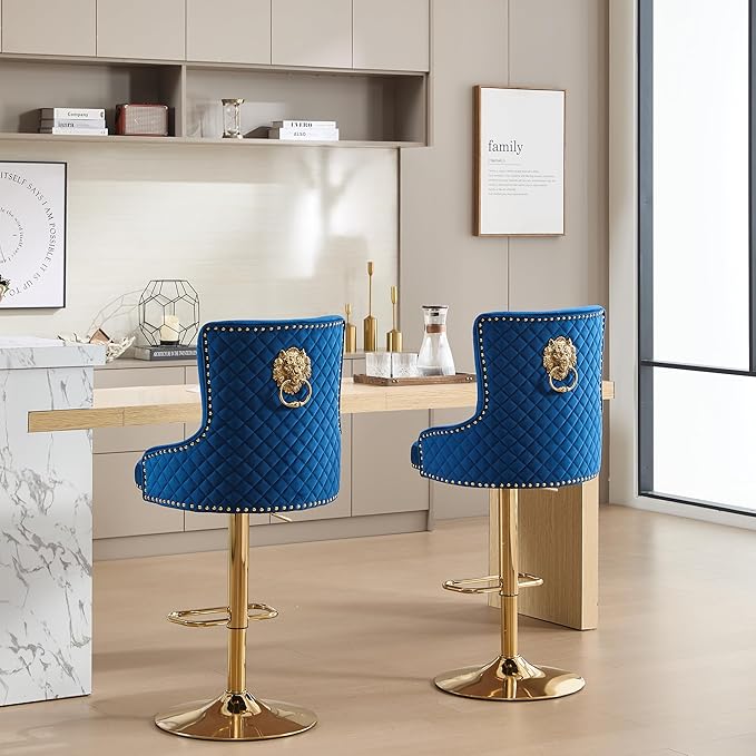 Velvet Gold Barstools Set of 2, Modern Counter Height Adjustable Swivel Stools Chairs with High Tufted Backrest Golden Base Lion Pull Ring Diamond Pattern Rivet Trim for Kitchen (Dark Blue)