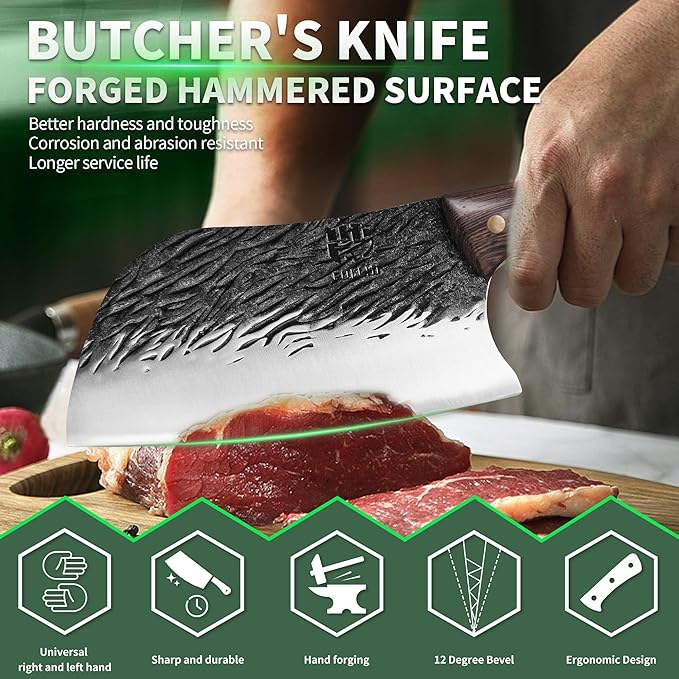 FULLHI Butcher Knife Set with Kitchen Shears, Hand Forged Chef Boning Knife With Scissors High Carbon Steel Chef Knife For Kitchen, Camping, BBQ