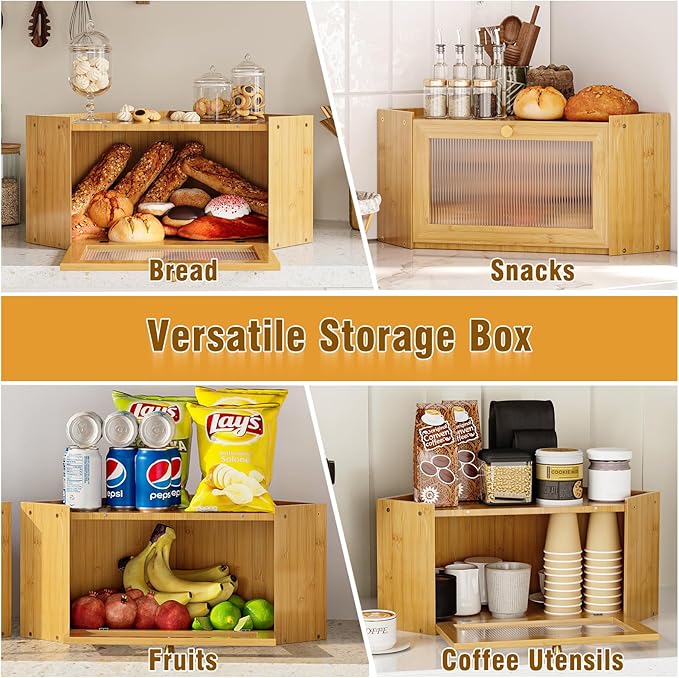 Corner Bamboo Bread Box for Kitchen Counter Large Capacity Rustic Bread Storage Container with Wavy Arcylic Transparent Door Vintage Storage for Homemade Bread (Natural Bamboo)