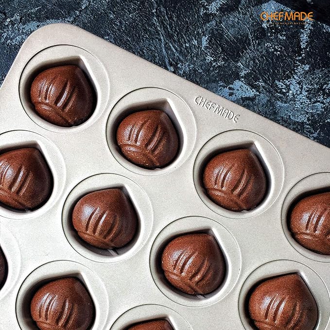 CHEFMADE Muffin Cake pan, 12-Cavity Non-Stick Chestnut-Shaped Bakeware for Oven Baking (Champagne Gold)