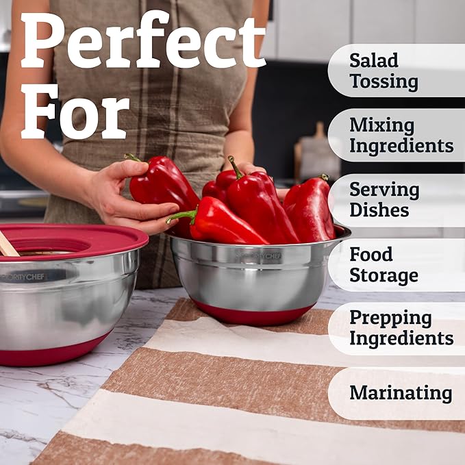 Priority Chef Stainless Steel Mixing Bowls with Lids Set - Premium 30Pcs with 6pc Metal Bowl Set for Kitchen, 3 Graters, Airtight Lids, Non-Slip Bases & Silicone Utensils, Red