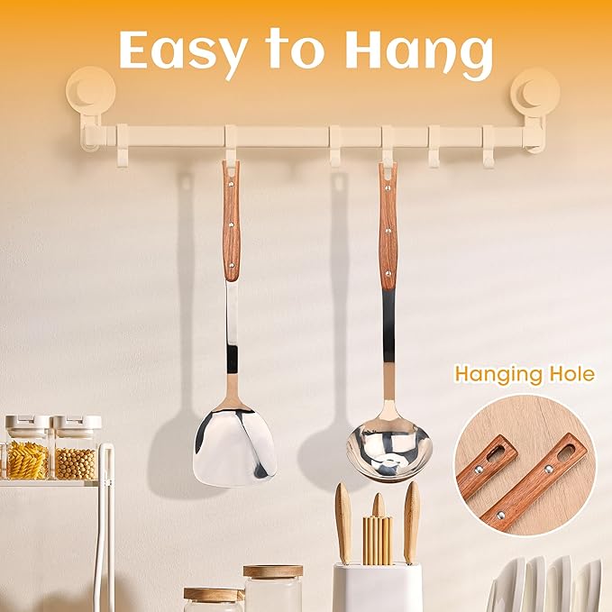 FJNATINH 2Pack Stainless Steel Wok Utensils, Heat Resistant Wok Spatulas and Ladle, with Wooden Handle, for Serving, Turning, Cooking, Stirring, Soup