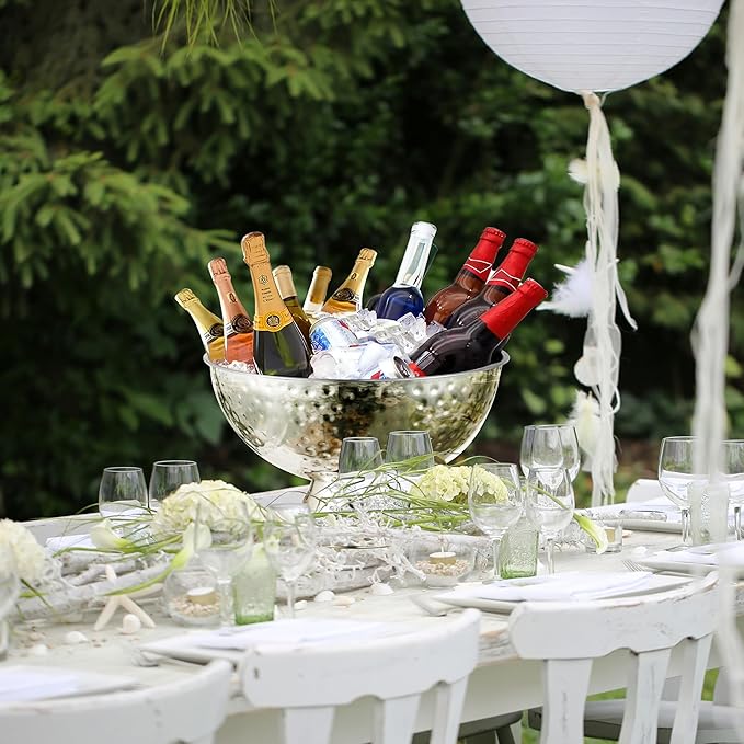 12L Hammered Large Ice Bucket for Parties - 16"x16"x10" Huge Punch Bowl with Ladle - Stainless Steel Bucket for Cocktail Bar - Lightweight Champagne Bucket with Scoop