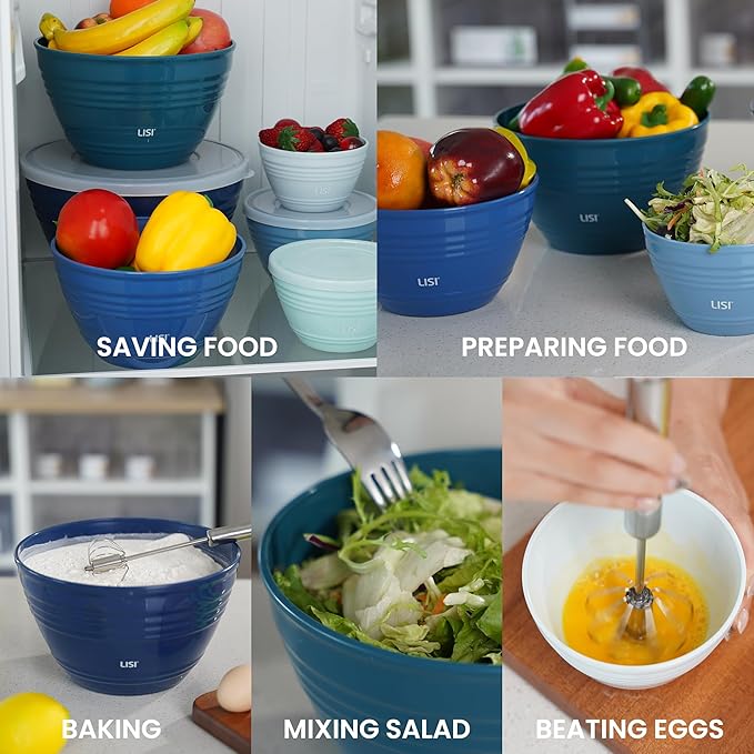 LISI 6 Pack Mixing Bowl Set with Lids, Plastic Bowls for Kitchen, Nesting Salad & Meal Prep Bowls, BPA-Free, Large Storage Bowl with Airtight Lids