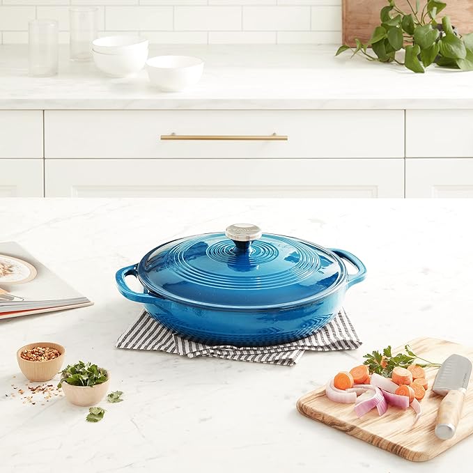 Lodge 3.6 Quart Enameled Cast Iron Covered Casserole with Lid – Dual Handles – Oven Safe up to 500° F or on Stovetop - Use to Marinate, Cook, Bake, Refrigerate and Serve – Cornflower Blue