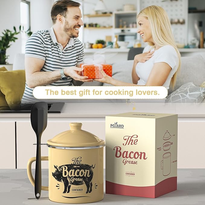 Bacon Grease Container With Strainer, 46OZ Large Enamel Grease Container, With Silicone Spatula, Farmhouse Bacon Grease Keeper, Cooking Oil Container For Kitchen Fat Storage, Dishwasher Safe-Beige