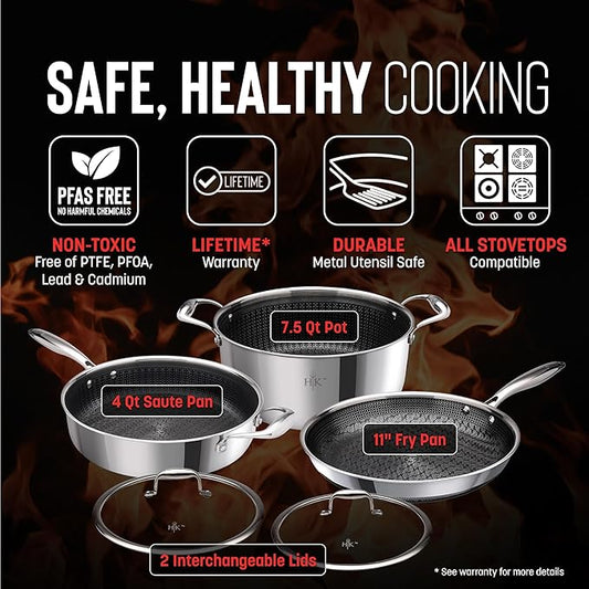 Hell's Kitchen Hybrid 5 Pc Cookware Set, Tri-Clad Stainless Steel and Nonstick Ceramic, PFAS Free, no PFOA, no PTFE, no Teflon, Non Toxic Cookware, Metal Utensil Safe, All Cooktops and Oven Safe