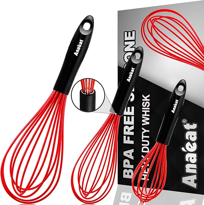 Anaeat Silicone Whisk, Thick Stainless Steel Wire Inner - Heat Resistant Kitchen Whisks for Non-Stick Cookware, Balloon Egg Beater for Whisking, Blending, Beating, Frothing & Stirring (Red)