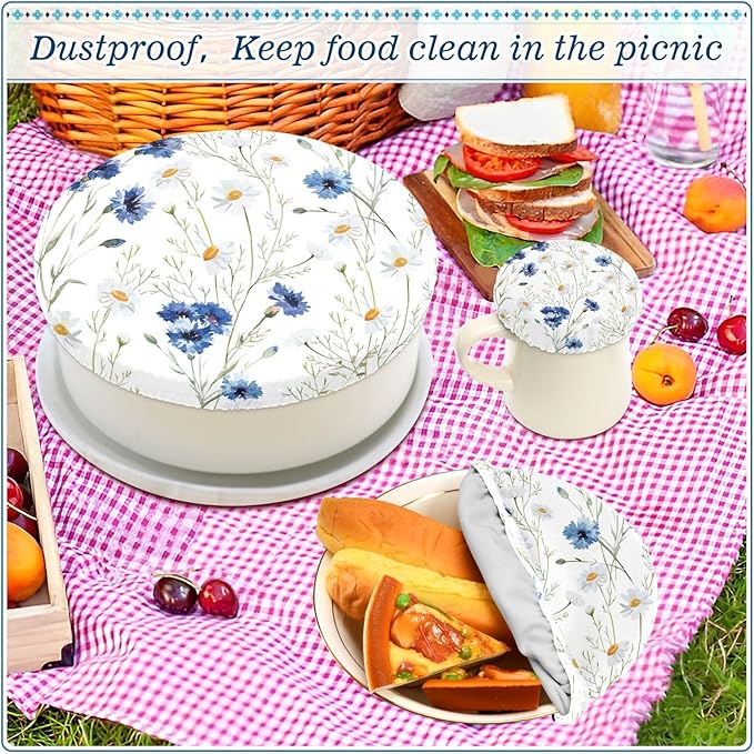 5 Pcs Bowl Covers Reusable in 5 Size Elastic Food Cover Cloth Lids Fresh Keeping Dish Cookware Bakeware Fabric Covers Lids for Food Leftovers Fruits Storage Daisy White