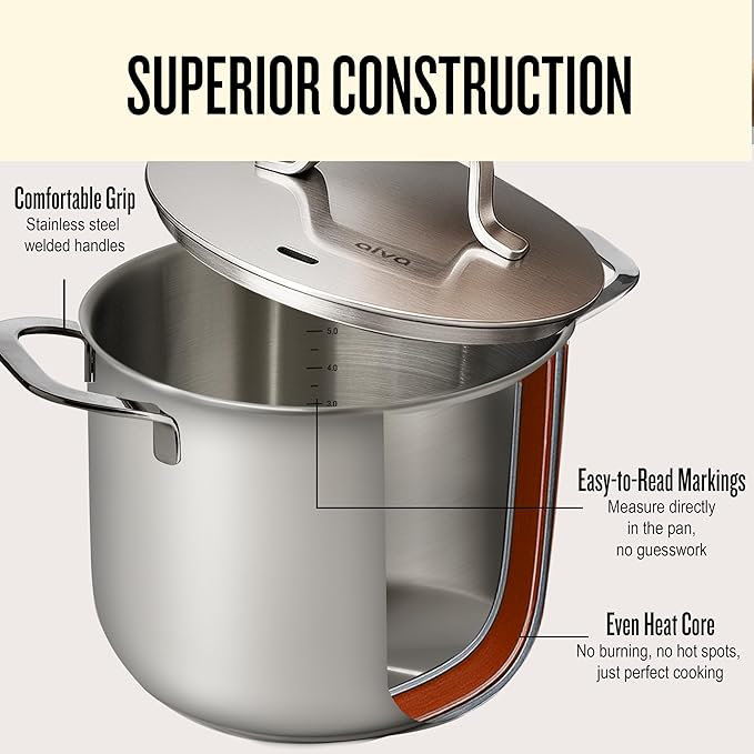 Alva Maestro Stainless Steel Stock Pot 8Qt. - Lasered Engrave Measurement, Oven Safe and Made without PFAS, PFOA & PTFE - Induction and All Stovetop Compatible with Even Heat Distribution