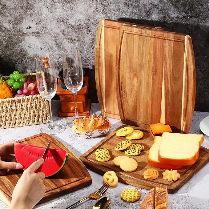 Kigley 20 Pcs Acacia Wood Cutting Boards Bulk for Laser Engraving Wooden Dinner Plates with Groove Chopping Charcuterie Board Carving Tray for Housewarming Party Gifts (10 x 12 Inch)