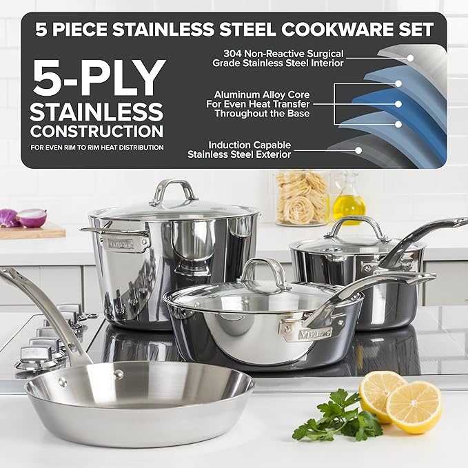 Viking 5-Ply Pots and Pans Set, 5 Piece Stainless Steel Kitchen Cookware, Silver