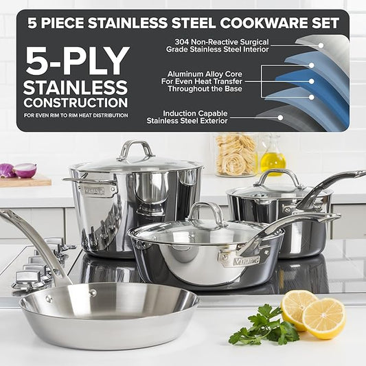 Viking 5-Ply Pots and Pans Set, 5 Piece Stainless Steel Kitchen Cookware, Silver