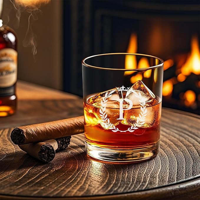 Personalized Whiskey Glasses Gifts for Men, Monogrammed Engraved A-Z 10.6 oz Rocks Glass Customized Gift, Unique Christmas Birthday Gifts for Men Him Dad Husband Brother Son (P)