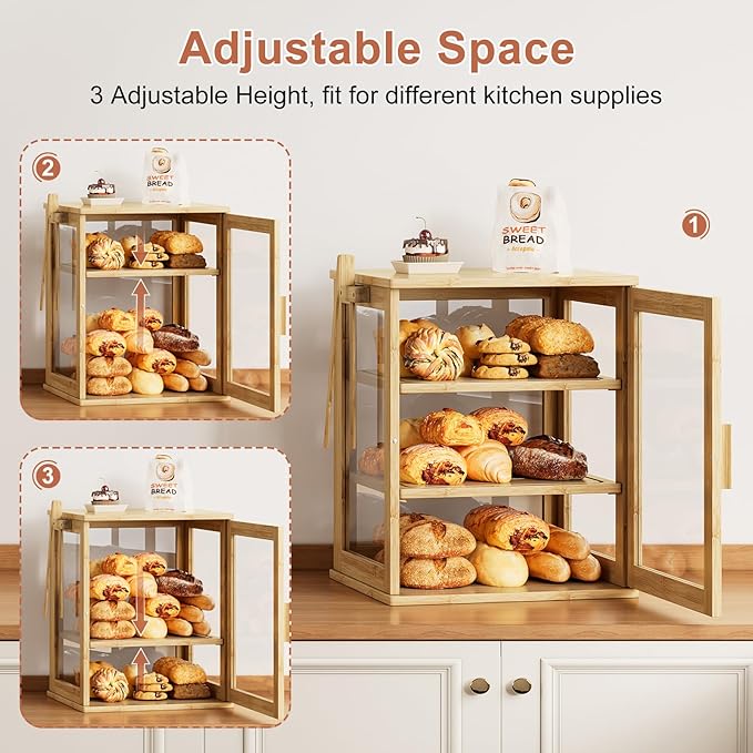 WOWLIVE Bamboo Bread Box for Kitchen Countertop, Large 3 Layers Bread Storage Container for Homemade Bread with Window, Farmhouse Breadbox Organizer for Kitchen, Cabinet, Pantry (Natural, Extra Large)