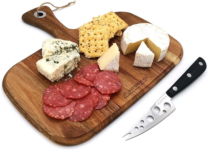 Cheese Knife Set - MATTSTONE HILL Cheese Knife & Acacia Cheese Board Set, Soft & Semi Hard Cheese Knife, Cutting Board, Charcuterie Board, Wood Serving Platter