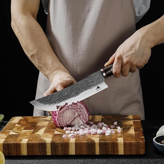 Professional 7.8-inch Chef Knife, High Carbon Stainless Steel Blade for Cutting Meat, with Leather Sheath Scabbard, Ash Wood Handle, Suitable for Kitchen, Outdoor Cooking, BBQ