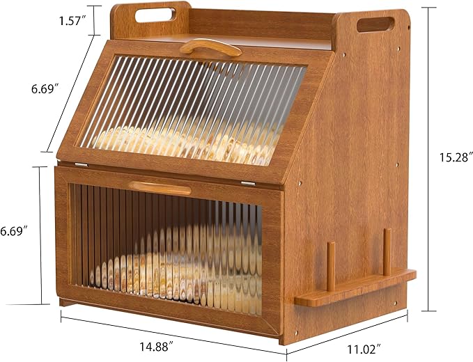 Bread Box for Kitchen Countertop, Large Bread Storage Container for Homemade Bread, Vintage Wooden Farmhouse Breadbox Organizers, Double Layer Bread Bin with Acrylic Window Bread Holder