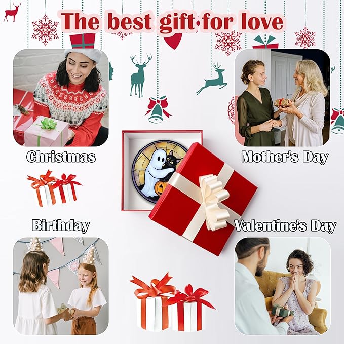 Stained Glass Window Hanging - Halloween Decorations Cute White Ghost Black Cat Suncatcher for Doors Garden Spooky Sun Catchers Gothic Decor Horror Gifts for Women Men Friend Boy 9.8 in