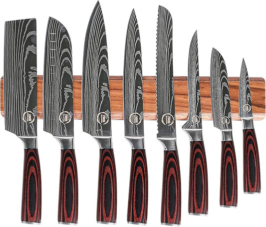 8 PC Chef Knives - High Carbon Stainless Steel Knives With Pakkawood Handles - Magnetic Strip Holder Included - Japanese Knife Set - Home & Professional Chef's Knife Set