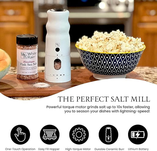 WHITE RAIN Salt Mill with LED Lights & Adjustable Coarseness, Aluminum Rechargeable Salt Grinder Refillable Heavy Duty Electric Himalayan Pink Salt Grinder, Kitchen Gadgets