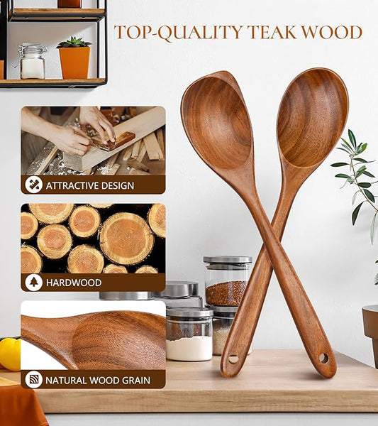 2Pcs Wooden Spoons for Cooking, Natural Premium Teak Wood Spoon & Corner Spoon, Good Grip Large Cooking Spoons Spatula, Heat Resistant Wooden Kitchen Cooking Utensils Set for Nonstick Cookware
