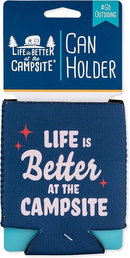 Camco Life is Better at The Campsite Can Holder | Keeps Your Beverage Cold | Fits 12 oz. Cans | Features a Blue Life is Better at The Campsite Retro Theme (53478)
