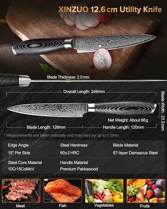 XINZUO Paring kitchen Knife, 5 Inch Super Sharp Damascus Steel Petty Knife, Fruit Knife, Pakkawood Handle, Gift Box