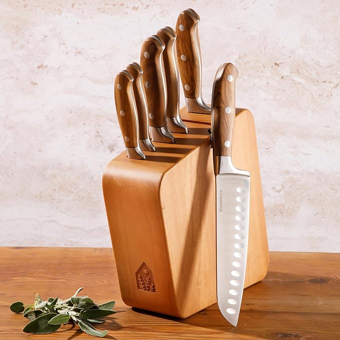 Bloomhouse 7 Piece Italian Olive Wood Kitchen Knife Block Set w/German Forged Stainless Steel Knives
