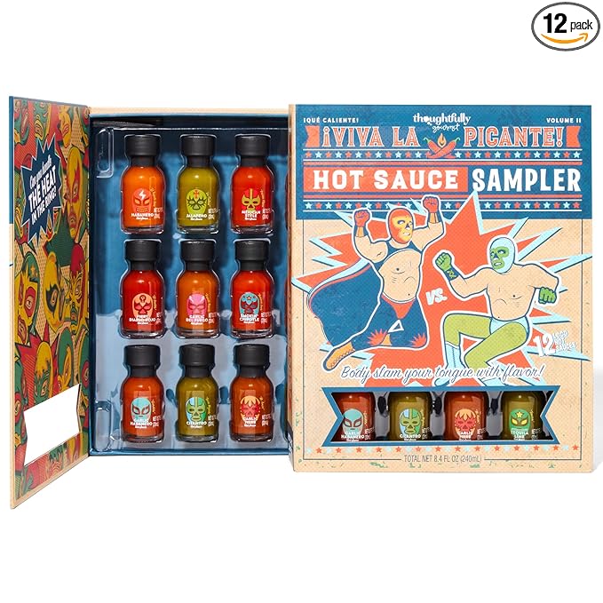 Thoughtfully Gourmet, Luchador Hot Sauce Book Gift Set, Flavors Include Smoky Bourbon, Habanero, Garlic Del Fuego & More, Hot Sauce Sampler, Set of 12