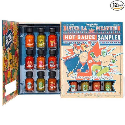 Thoughtfully Gourmet, Luchador Hot Sauce Book Gift Set, Flavors Include Smoky Bourbon, Habanero, Garlic Del Fuego & More, Hot Sauce Sampler, Set of 12
