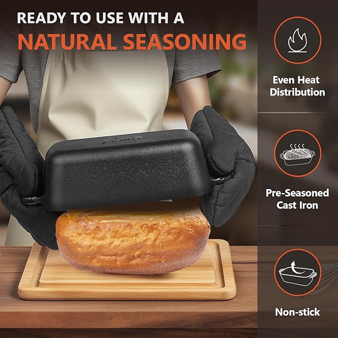 9.5×5 Inch Cast Iron Loaf Pan - Pre-Seasoned Sourdough Bread Baking Pan, Even Heat Distribution for Homemade Bread