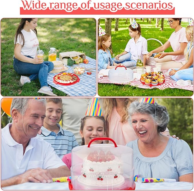 12 Inch Large Cake Carrier with Lid and Handle for 12" Round 7" High Cake Adjustable Plastic Pies Carrier Portable Cupcakes Transport Container for Cookies Pizza and More(Red)