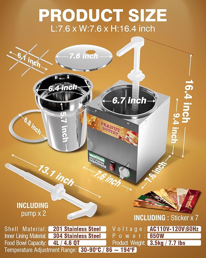 WantJoin 4.6Qt Nacho Cheese Dispenser with Pump - Nacho Cheese Warmer, Commercial Hot Fudge Dispenser W/5-Level Temperature Adjustment for Caramel, Stainless Steel Hot Fudge Warmer
