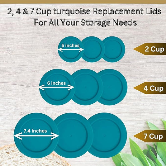 2, 4 & 7 Cup Turquoise Replacement Lids/Covers for Pyrex, Anchor Hocking & KlareWare Storage Bowls *Lids Only Glass Container Not Included* (9 Pack *Three of Each Size*)