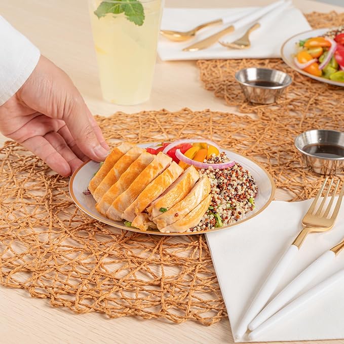 Restaurantware Plastic Plates 100 Pcs 7.25" Gold Rimmed Disposable Plates Heavy-Duty White Translucent Rippled Plastic Dinner Servers for Party, Weddings, Salads, Desserts, and Appetizers