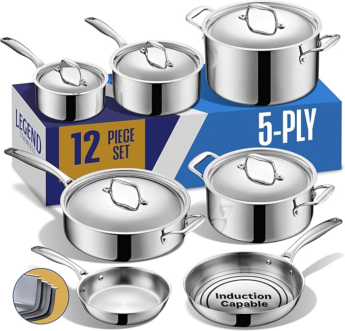 LEGEND COOKWARE 5 Ply Stainless Steel Cookware Set | 12-Piece Pot and Pan Set | Induction Compatible, Non-Toxic | Heavy Duty 18/8 Full Clad Construction | Oven Safe Even Heating | PFOA PTFE PFOS Free