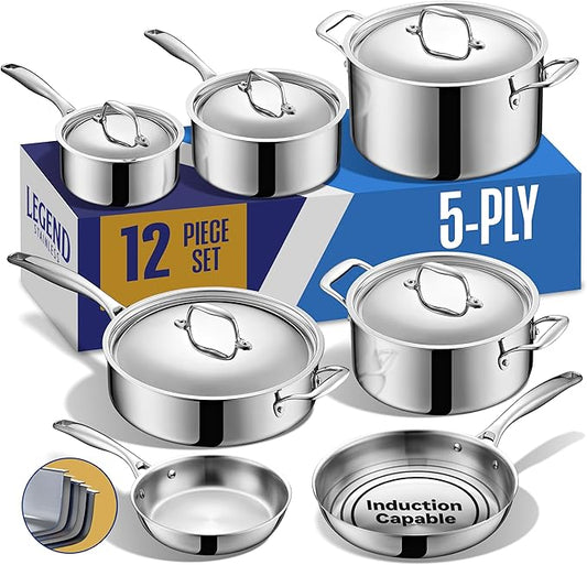 LEGEND COOKWARE 5 Ply Stainless Steel Cookware Set | 12-Piece Pot and Pan Set | Induction Compatible, Non-Toxic | Heavy Duty 18/8 Full Clad Construction | Oven Safe Even Heating | PFOA PTFE PFOS Free