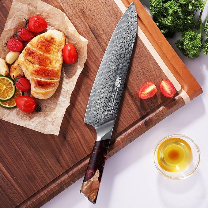 FINDKING Nebula Series Chef Knife with ABS Sheath, Multipurpose Japanese Gyuto Knife, 10Cr15CoMov Damascus Steel Blade, Resin and Figured Sycamore wood Handle, Full Tang, 8 Inch, Red, for Meat